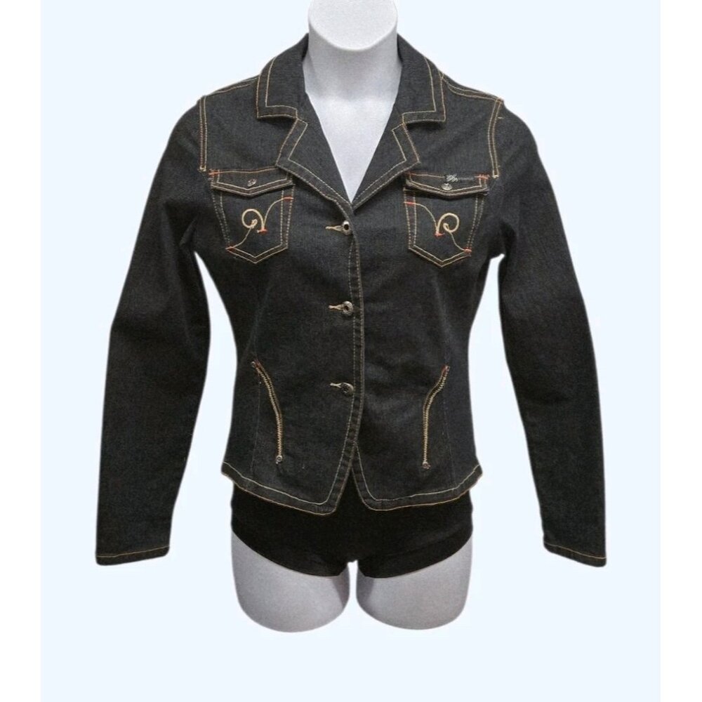 Rocawear Jacket Blazer Womens Large Stretch Denim  Button Embroidered Logo
